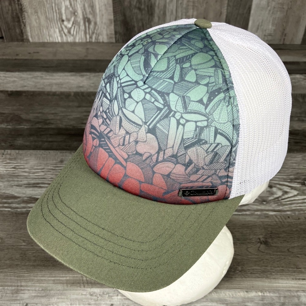 Columbia PFG Mesh Back Trucker Hat Olive Green Abstract Graphic Snapback Cap